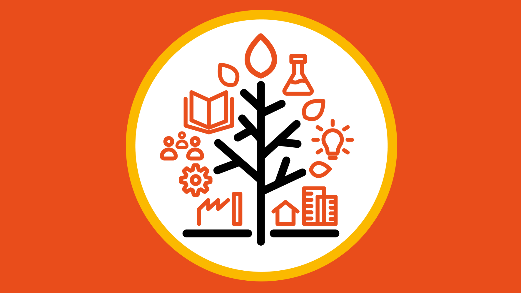 Roter Hintergrund mit gelbem Kreis: Baum mit Symbolen für Buch, Labor, Glühbirne, Fabrik und Haus. Roter Hintergrund mit gelbem Kreis: Baum mit Symbolen für Buch, Labor, Glühbirne, Fabrik und Haus.