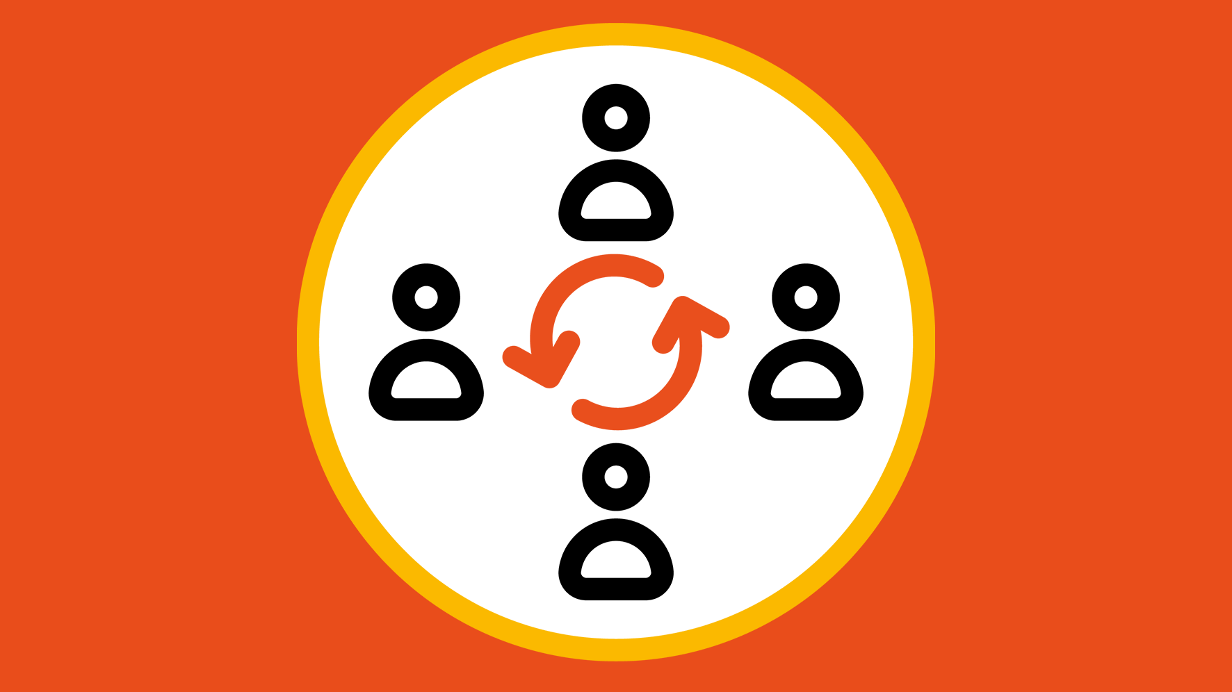 Roter Hintergrund mit gelbem Kreis: Vier Personen in Kreis, mit rotem Pfeil für Austausch. Roter Hintergrund mit gelbem Kreis: Vier Personen in Kreis, mit rotem Pfeil für Austausch.