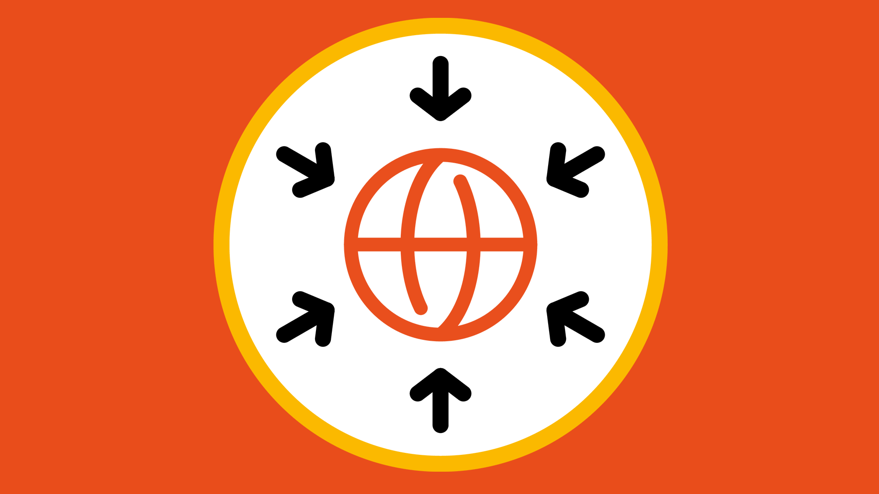 Abstraktes Logo auf orange-rotem Hintergrund: Stilisierter Globus in einem gelb umrandeten weißen Kreis, umgeben von acht schwarzen Pfeilen (vier nach oben, vier nach unten). Abstraktes Logo auf orange-rotem Hintergrund: Stilisierter Globus in einem gelb umrandeten weißen Kreis, umgeben von acht schwarzen Pfeilen (vier nach oben, vier nach unten).