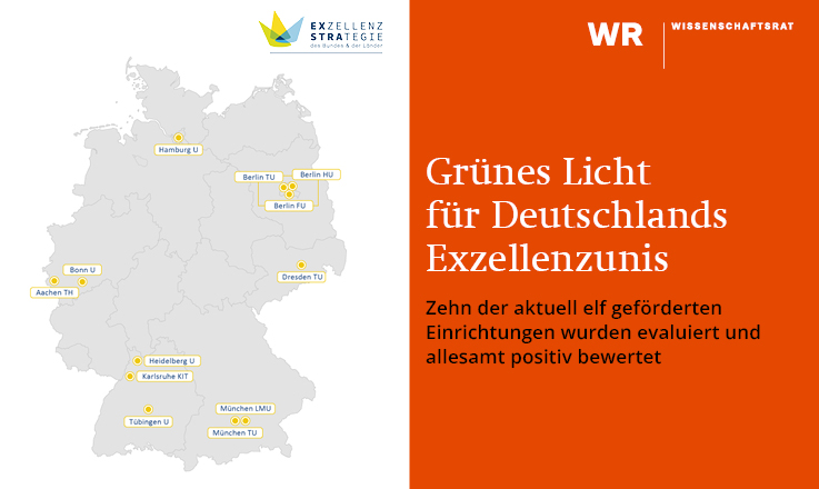 verweist auf: Zehn Exzellenzstandorte werden weitergefördert Entscheidung im Evaluationsverfahren der Förderlinie Exzellenzuniversitäten der Exzellenzstrategie (verweist auf: Zehn Exzellenzstandorte werden weitergefördert)