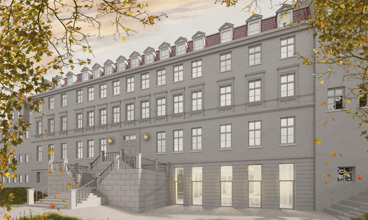 verweist auf: Neue Forschungsbauten für Dresden, Jena und Oldenburg Entwurfsvisualisierung des geplanten Imaginamics Centers der Universität Jena: Außenansicht eines langen, mehrgeschossigen, grau verputzten Gebäudes mit symmetrischen Fensterachsen und rotem Mansarddach mit Gauben. (verweist auf: Neue Forschungsbauten für Dresden, Jena und Oldenburg)