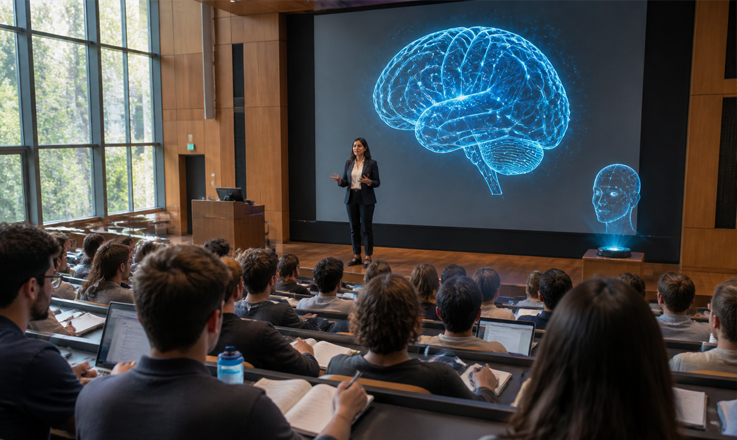 Dozentin erklärt vor großer Leinwand mit blauem, vernetztem Gehirn; rechts ein leuchtendes Kopf-Hologramm; Studierende sitzen in Reihen mit Laptops und Notizen; Tageslicht durch hohe Fenster. Dozentin erklärt vor großer Leinwand mit blauem, vernetztem Gehirn; rechts ein leuchtendes Kopf-Hologramm; Studierende sitzen in Reihen mit Laptops und Notizen; Tageslicht durch hohe Fenster.